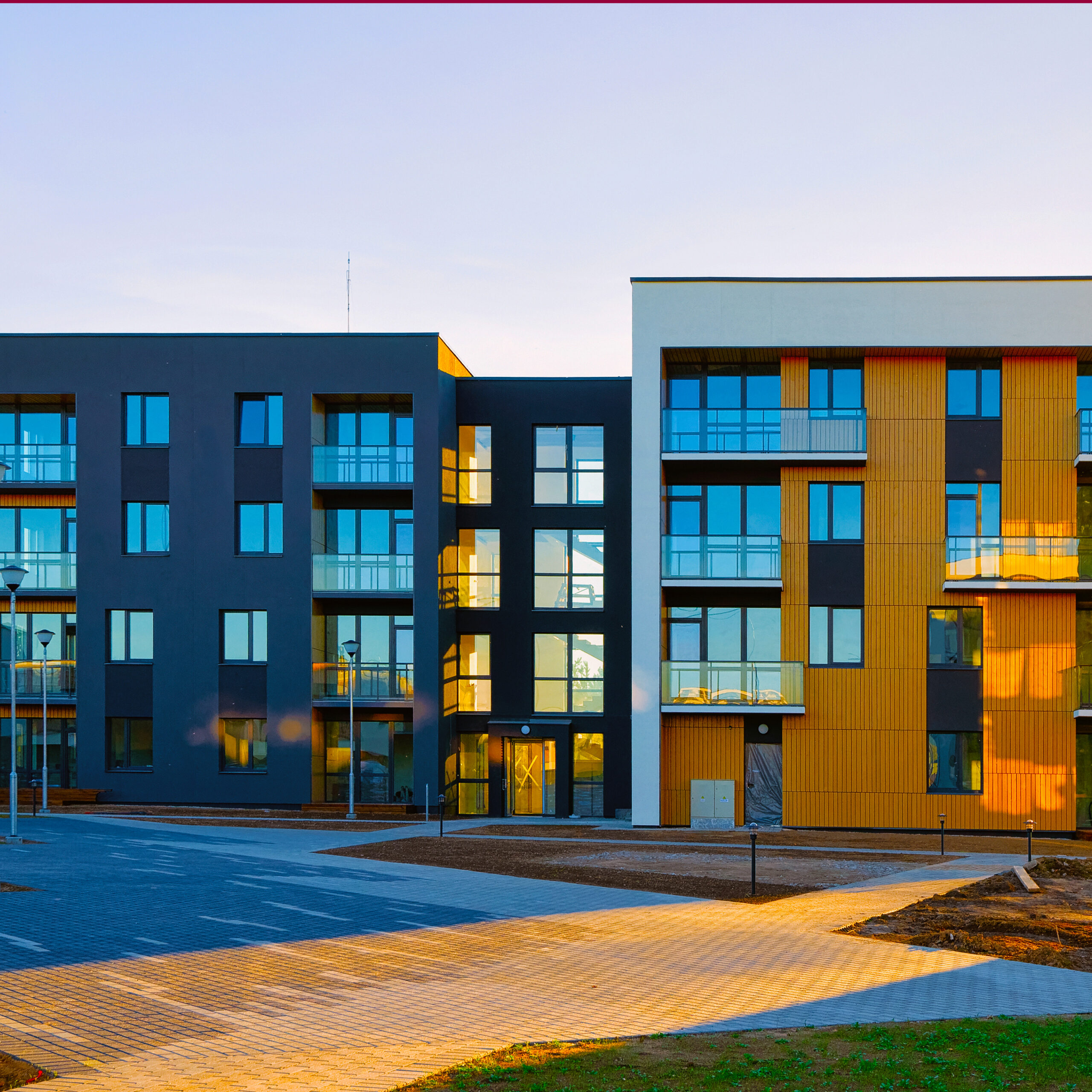 Apartment in residential building exterior. Housing structure at blue modern house of Europe. Rental home in city district on summer. Architecture for business property investment, Vilnius, Lithuania.